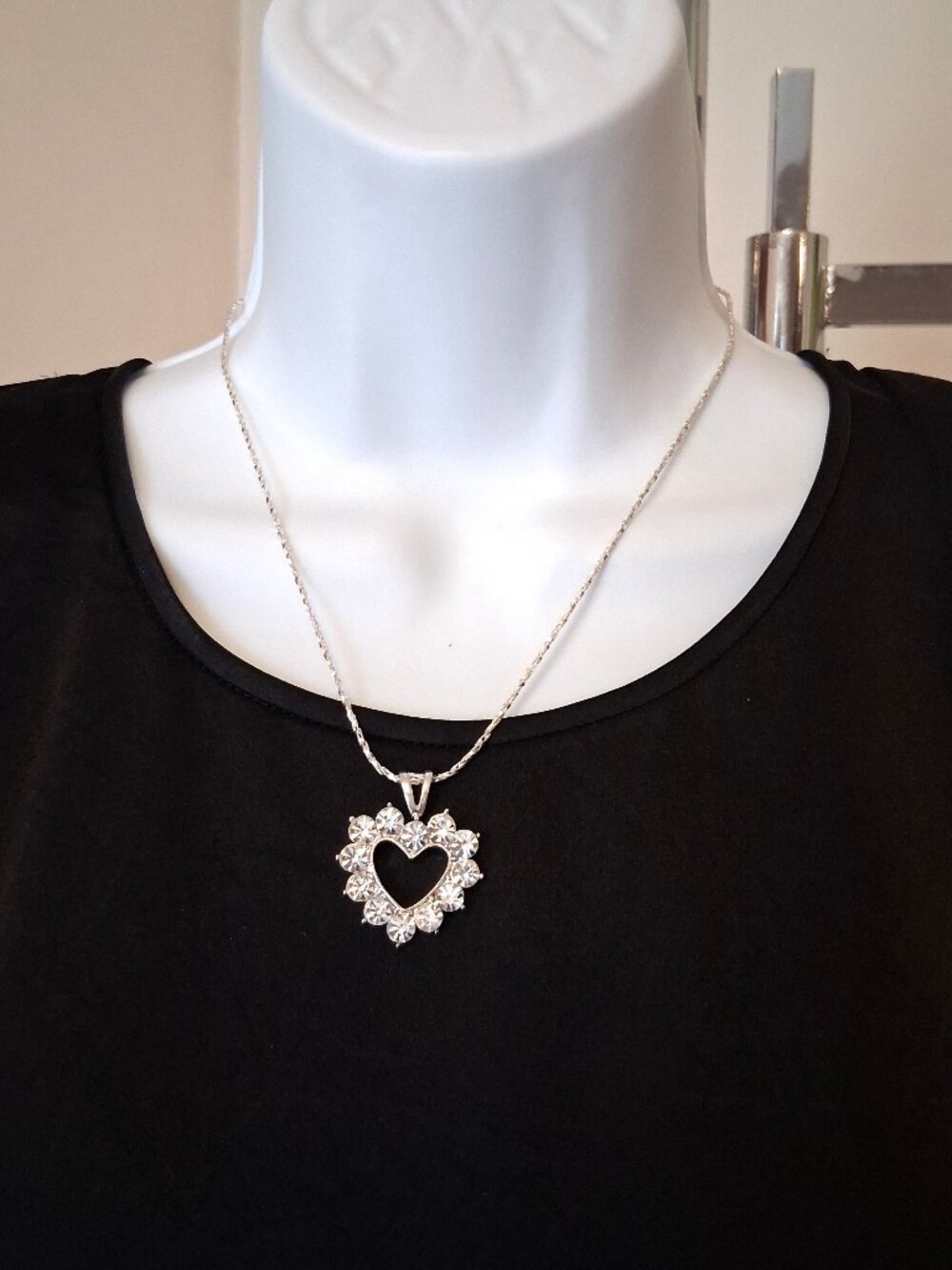 Vintage White Clear Austrian Crystal Heart Pendant Silver-Plated Necklace